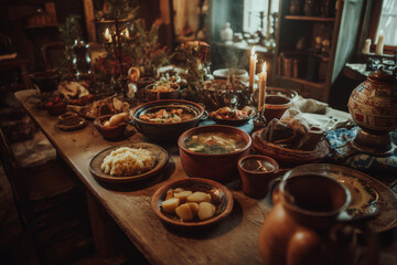 Fototapeta premium Winter feast inspired by Slavic traditions with a bountiful table spread