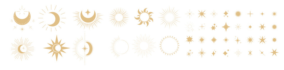 set gold moon sun and stars shine sparkle icon vector illustration