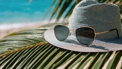 Light gray straw hat and sunglasses on a palm leaf, beach background