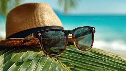 Sunglasses and straw hat on a palm leaf by the beach