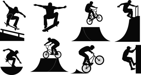 Fototapeta premium Extreme sports, skateboarding, BMX biking, wall climbing, stunt action, silhouette, trick performance, ramp riding, urban sport, flat vector illustration