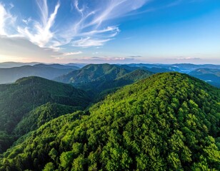 Obraz premium Rolling green forested hills under a vibrant blue sky