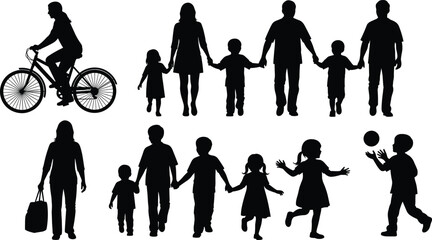 Family silhouette collection, walking, cycling, playing, parenting, children interaction, social activity, black icons, lifestyle poses, flat vector illustration