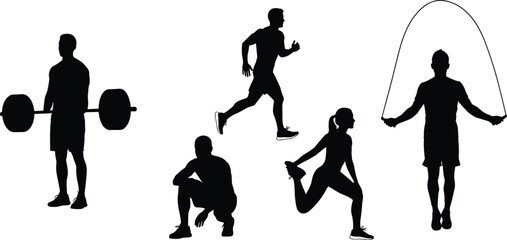 Fitness silhouette collection, workout poses, gym exercise icons, running, stretching, weightlifting, jump rope, black figures, flat vector illustration