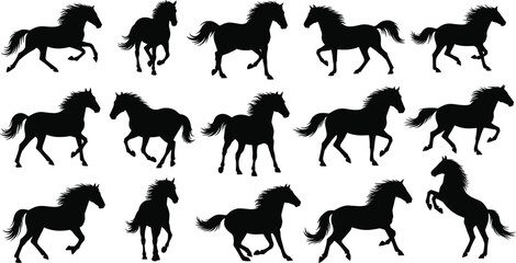 Horse silhouette collection, galloping horse poses, rearing horse vector, trotting horse clipart, black horse icons, animal motion graphics, flat vector illustration