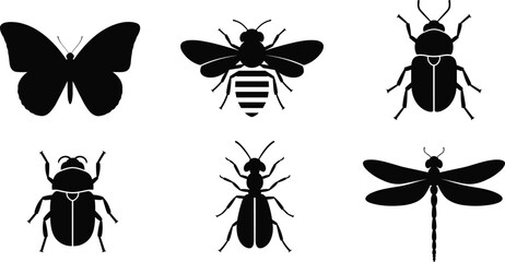 Insect silhouette collection, butterfly, bee, beetle, ant, dragonfly, black vector icons, entomology design, isolated bugs, flat vector illustration