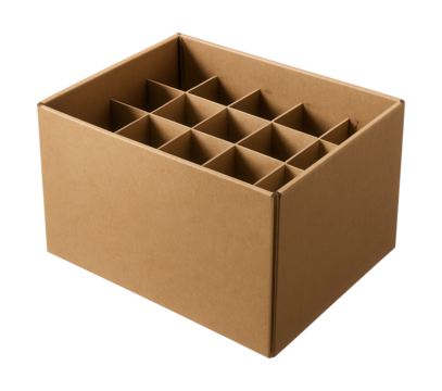 Cardboard box with grid insert for organizing wine bottles in a home cellar.
