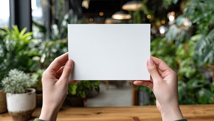 Blank white paper held in hands,  outdoorsy cafe setting