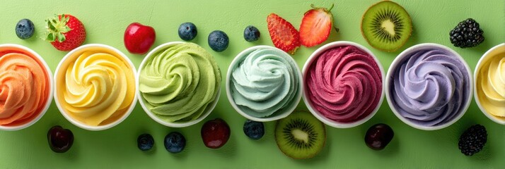 Colorful frozen yogurt in white cups, adorned with fresh fruit