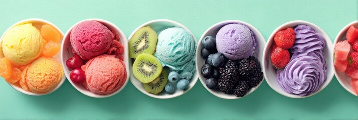 Colorful ice cream scoops in white bowls, garnished with fresh fruit, arranged in a row against a mint-green background