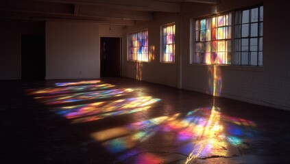 Sunlight streams through stained glass windows, casting vibrant patterns on a concrete floor