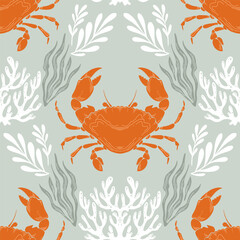 Orange Crab or crayfish Seamless Pattern with Seaweed on Green Background. Vintage coastal print with retro seafood illustrations. Perfect for marine designs, summer and seaside packaging