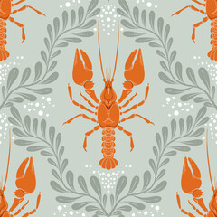 Lobster Seamless Pattern with Seaweed on Green Background. Vintage coastal print with retro seafood illustrations and ocean life. Perfect for marine designs, summer packaging, seaside decor