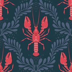 Lobster Seamless Pattern with Seaweed on Dark Background. Vintage coastal print with retro seafood illustrations and ocean life. Perfect for marine designs, summer packaging, seaside decor