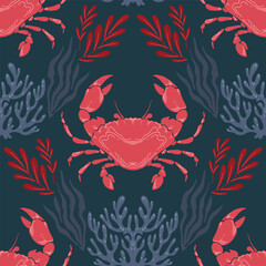 Crab or crayfish Seamless Pattern with Seaweed on Dark Background. Vintage coastal print with retro seafood illustrations. Perfect for marine designs, summer and seaside packaging