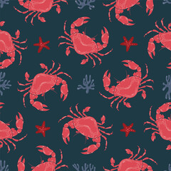 Red Crab or crayfish Seamless Pattern with starfish and coral on Dark Background. Vintage coastal print with retro seafood illustrations. Perfect for marine designs, summer and seaside packaging