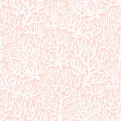 White Coral reef Seamless Sea Pattern on Pink Background. Vintage coastal Minimalistic boho Print with Coral branches. Underwater sea life, coral and algae pastel rose. Perfect for marine baby prints