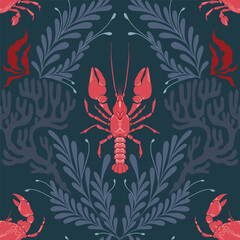Lobster Seamless Pattern with Seaweed on Dark Background. Vintage coastal print with retro seafood illustrations and ocean life. Perfect for marine designs, summer packaging, seaside decor
