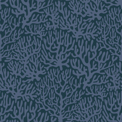 Coral reef Seamless Sea Pattern on Dark Background. Vintage coastal Minimalistic Print with Coral branches. Underwater sea life, coral and algae.