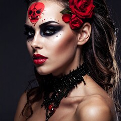 Close-up portrait of a woman with elaborate skull makeup and red roses