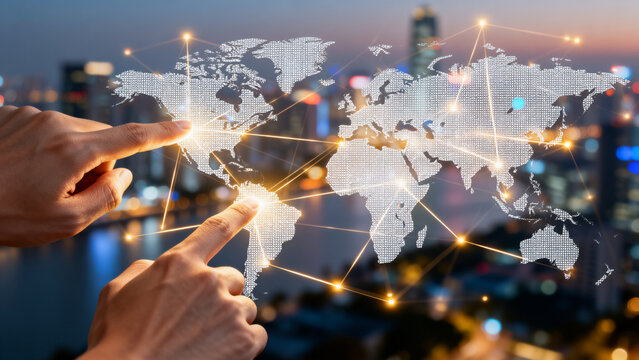 Hand interacting with digital world map