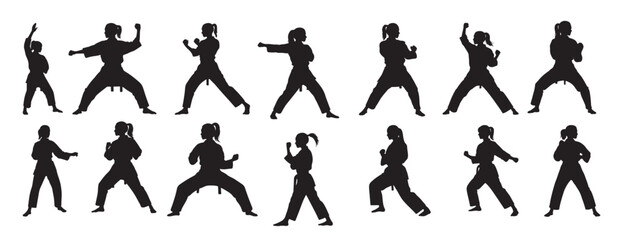  karate girls silhouette white background vector illustration