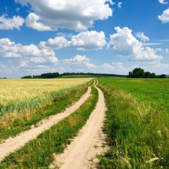 Country road through golden field under a summer sky