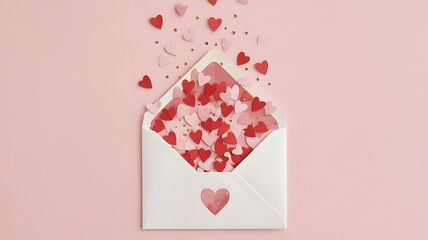 Title: White envelope filled with red paper hearts on pink background
