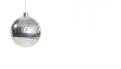 Fototapeta premium Silver disco ball hanging against a white background for parties copyspace