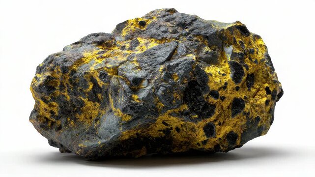 Natural uranium ore with vivid yellow and black textures, realistic photographic style, isolated on clean white background, concept of geology