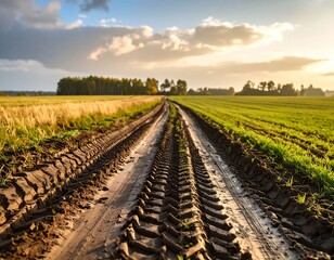 Country road through golden fields at sunset (2)