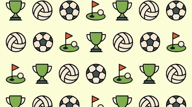 Loop Motion of Colorful Sports Icons Including Cup, Football, Golf Course, and Volleyball in Cartoon Minimal Animation