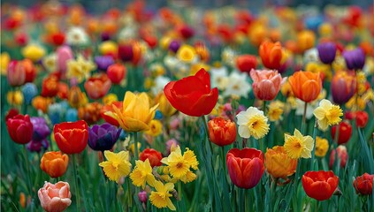 Vibrant tulip and daffodil field