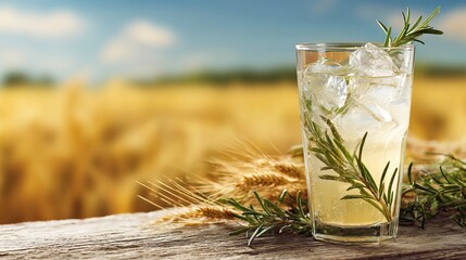 Refreshing herbal drink with ice and rosemary garnished in a rustic setting, perfect for summer