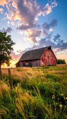 Rustic red barn at sunset in golden field