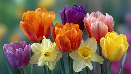 Vibrant tulips and daffodils in a variety of spring colors
