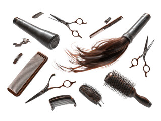 Essential hairdressing tools like scissors, combs, brushes, a hairdryer, and flowing hair artfully arranged against a transparent background. background removed
