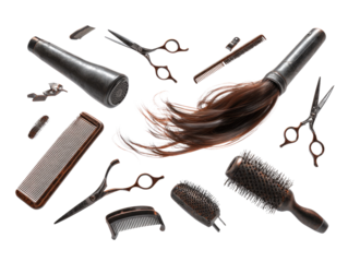 Essential hairdressing tools like scissors, combs, brushes, a hairdryer, and flowing hair artfully arranged against a transparent background. background removed
