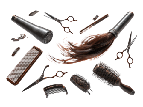 Essential hairdressing tools like scissors, combs, brushes, a hairdryer, and flowing hair artfully arranged against a transparent background. background removed