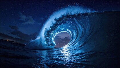 Gigantic wave crests at night, lit by moon, sea below