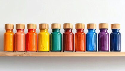 Rainbow of colorful liquid in glass bottles on wooden shelf