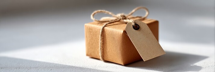Gift box wrapped with natural brown paper and twine, featuring a blank tag for personalized messages, symbolizing celebration, giving, and appreciation
