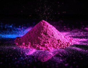Pink pigment pile on dark surface, bokeh