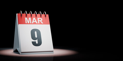 March 9 Calendar Spotlighted on Black Background