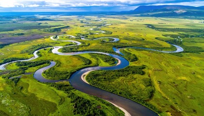 Winding river snakes through vibrant green meadow
