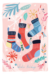 Christmas socks with snowflakes, branches, and leaves on a pink background. Flat cartoon vector illustration with the text Winter Holidays. Winter composition.