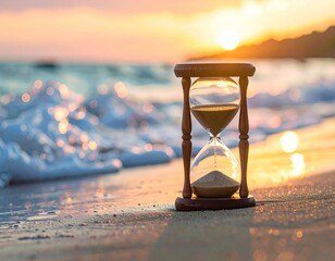 Hourglass sits on beach as sun sets over ocean waves