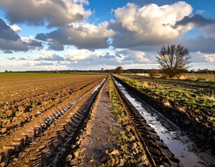 Countryside dirt track under a partly cloudy sky