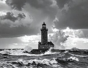Stone lighthouse battles raging sea under a stormy sky