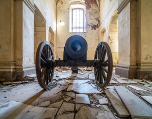 Cannon in derelict room with broken marble floor